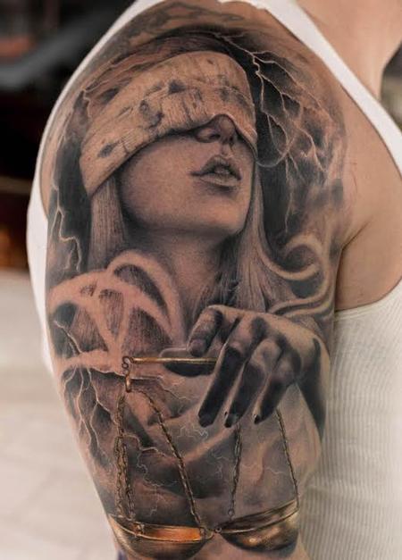 tattoos/ - Lady Judgment Black and Gray Bicep Tattoo - 114797